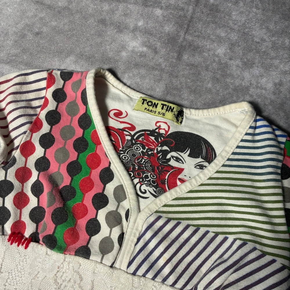 Ton Tin Paris Girls Patchwork Lace Trim Dress Multi Color Graphic Print Size 5/6 - Picture 2 of 6